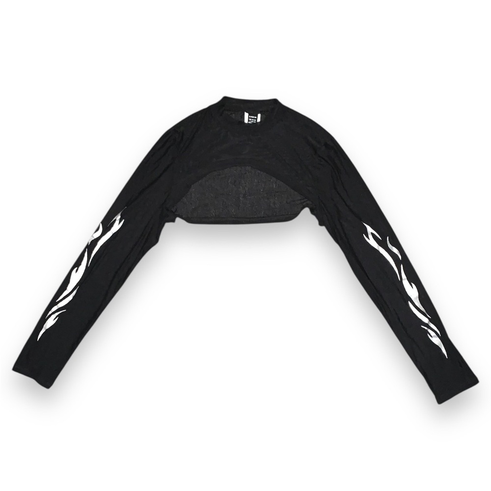Black Mesh High Collar Long Sleeve Silver Flame Crop Top Size Large